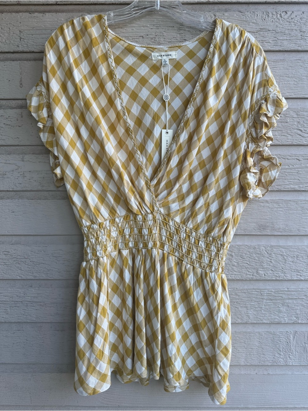 Max Studio Yellow and Cream Checkered V-Neck Top - Picture 1 of 6